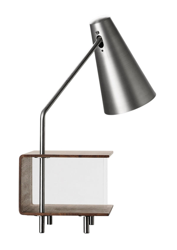 Modern desk lamp with a wooden box frame and glass doors