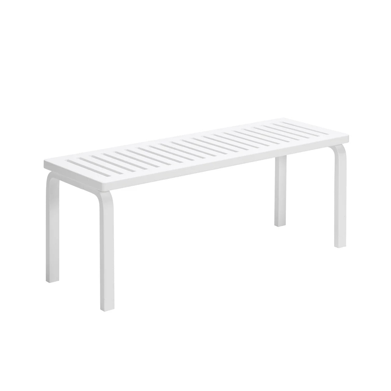 White curved planter or trough-style storage bin placed on a wooden floor.