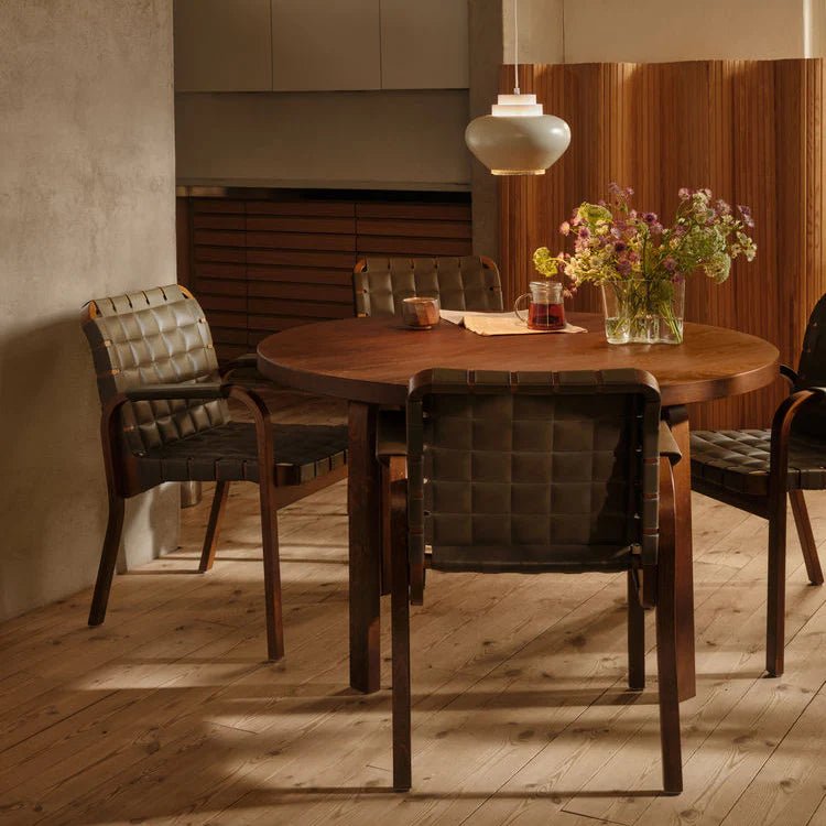 Armchair 45 - Leather - Artek Chairs - Walnut stained/olive quilted leather/flat wrap leather armrest - HORNE