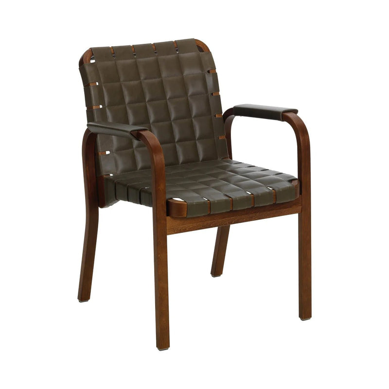 Armchair 45 - Leather - Artek Chairs - Walnut stained/olive quilted leather/flat wrap leather armrest - HORNE