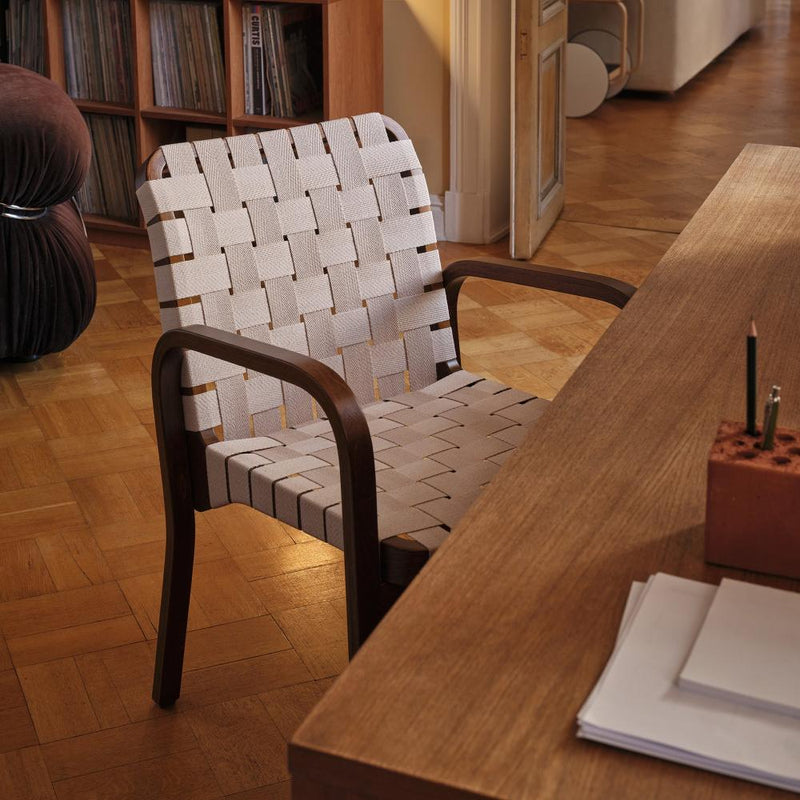 Armchair 45 - Linen Webbing - Artek Chairs - Honey stained natural/red linen webbing bare armrests - HORNE