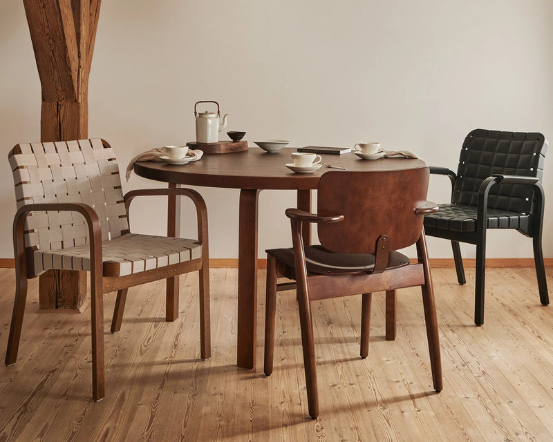 Armchair 45 - Linen Webbing - Artek Chairs - Honey stained natural/red linen webbing bare armrests - HORNE