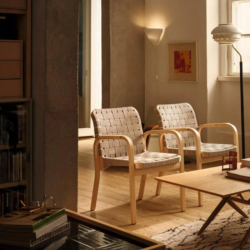 Armchair 45 - Linen Webbing - Artek Chairs - Honey stained natural/red linen webbing bare armrests - HORNE