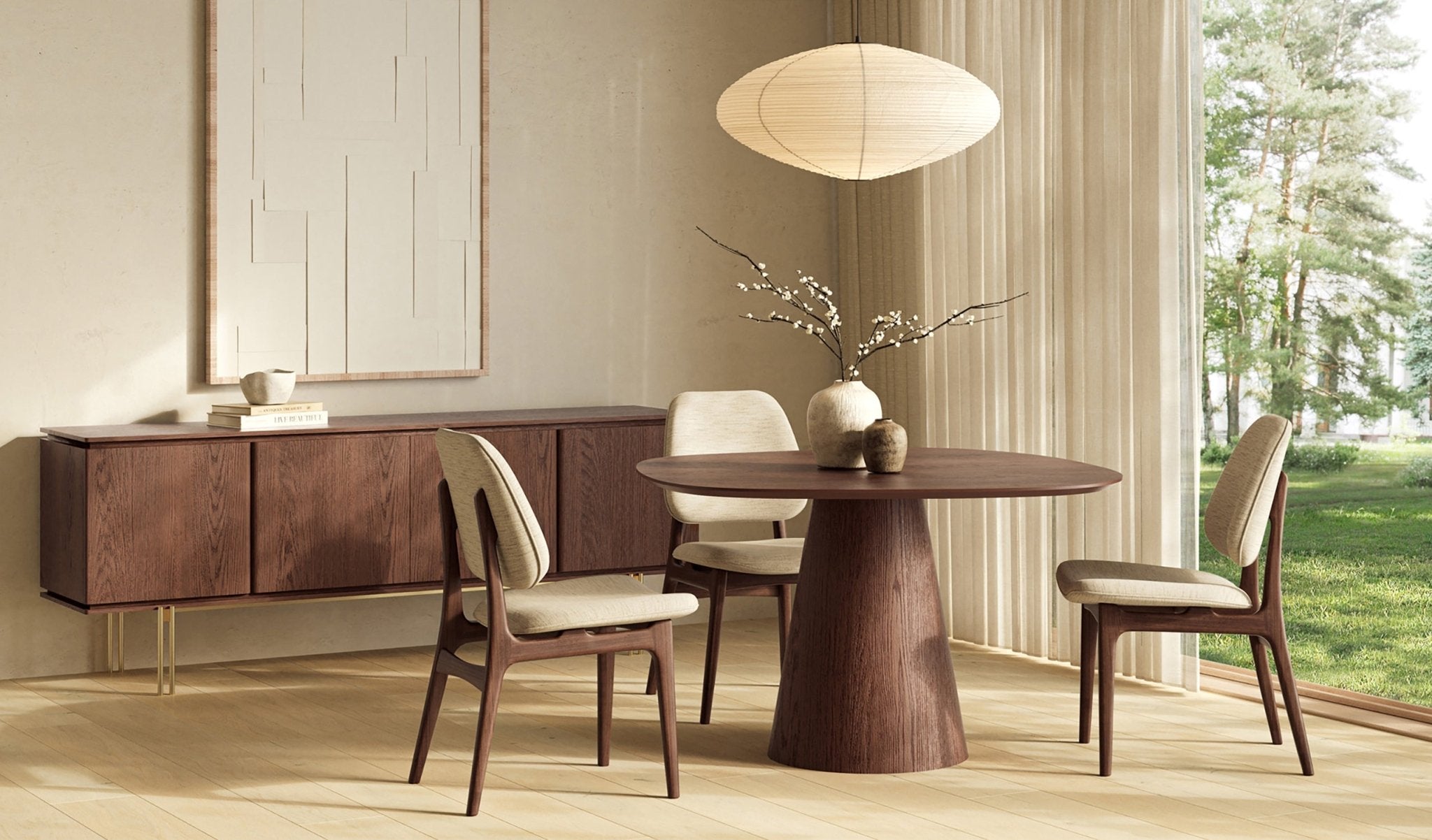 Round wood table with conical base in walnut finish
