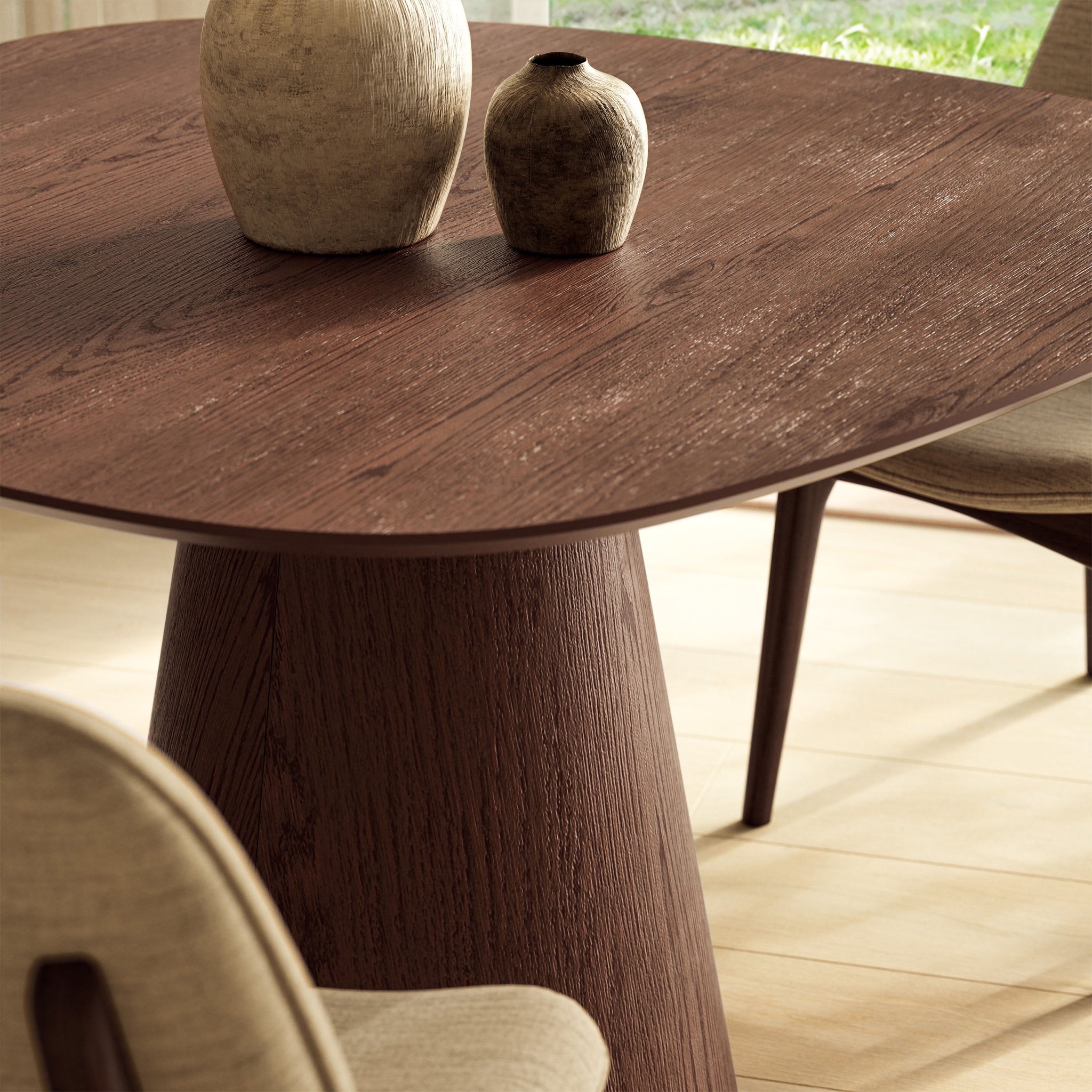 Minimalist round black table with conical base