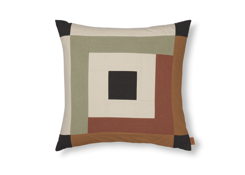 Border Patchwork Cushion - Ferm Living Bedding + Pillows - Carob Brown/Bright Blue - HORNE