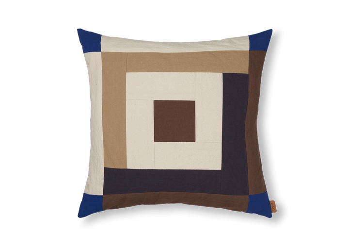 Border Patchwork Cushion - Ferm Living Bedding + Pillows - Carob Brown/Bright Blue - HORNE