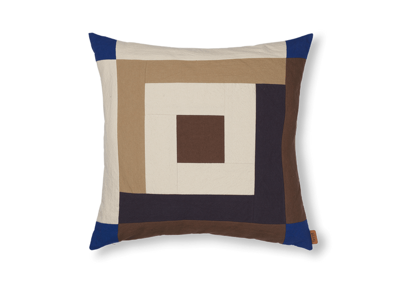 Border Patchwork Cushion - Ferm Living Bedding + Pillows - Carob Brown/Bright Blue - HORNE