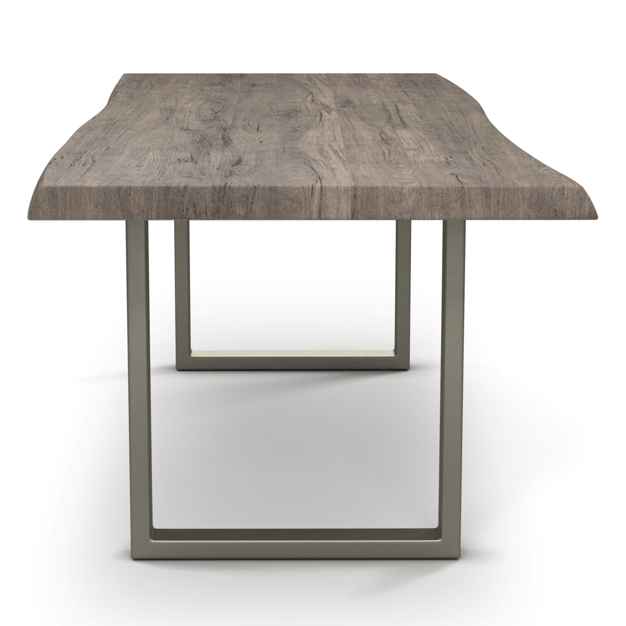 Wooden bench with live edge and metal legs, front-right perspective
