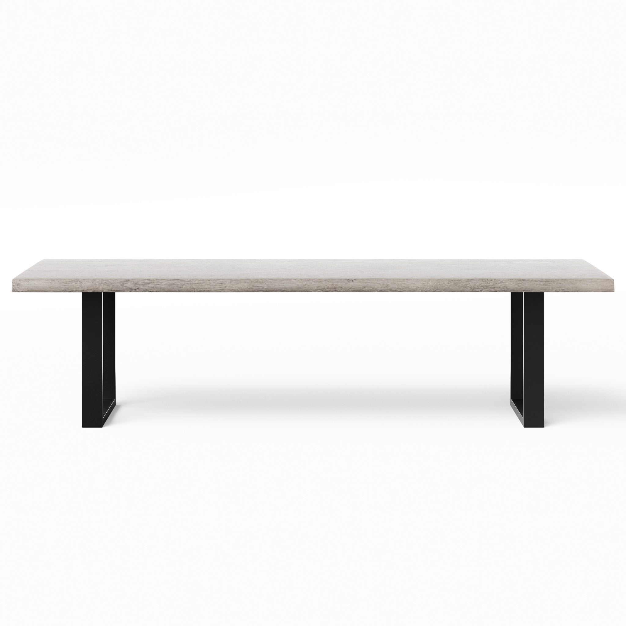 Wooden bench-style table with black metal legs and light wood top