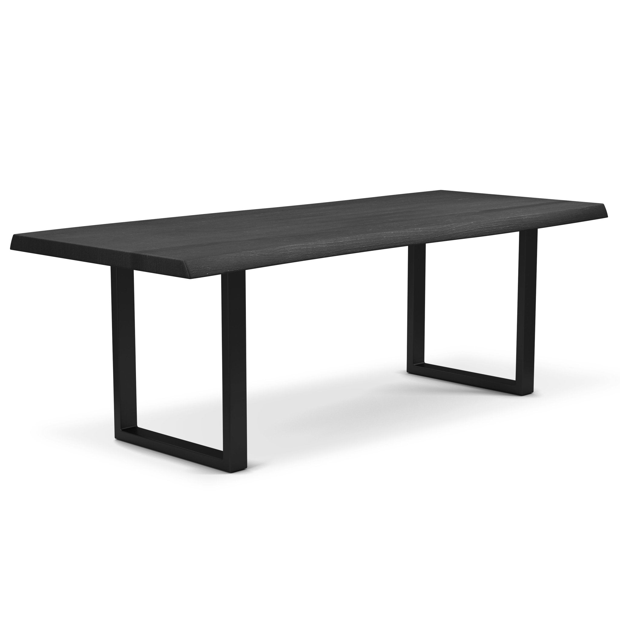 Minimalist long wooden bench with black metal legs, white background