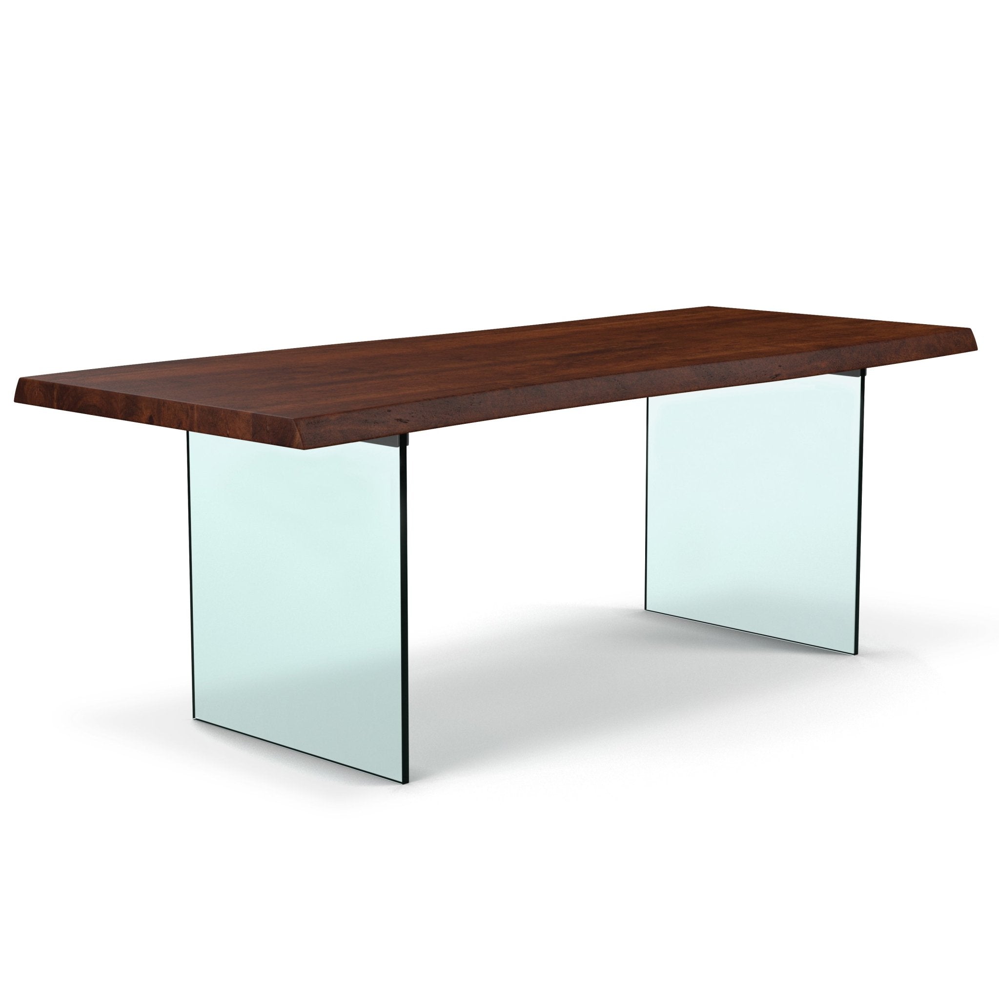 A 3D illustration of a modern table with glass legs and a glass crossbar supporting a tall, curved glass top.
