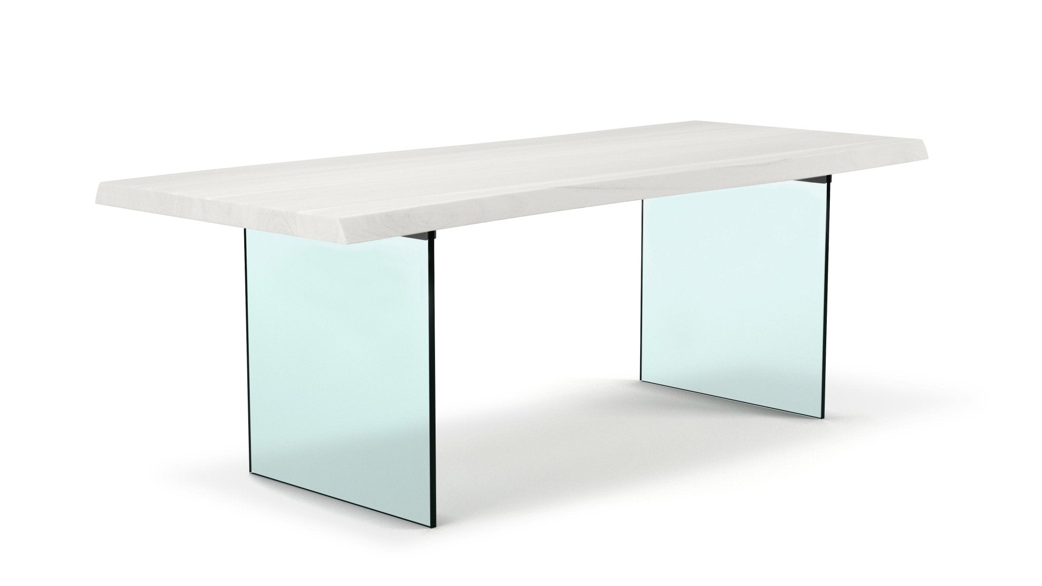 A long 116" top view with front and side views of a desk/bench with glass legs.