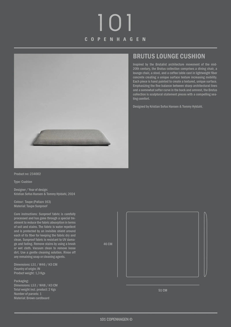 Brutus Lounge Cushion - 101 Copenhagen Blankets + Throws + Pillows - Taupe (Pallazo 163) - HORNE