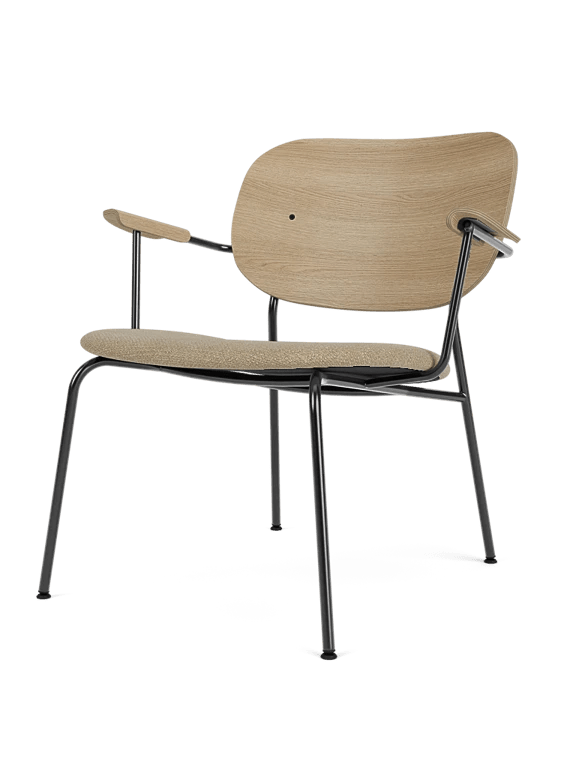 Armchair with light wood backrest, chrome legs, and a taupe cushion viewed in a cutaway perspective.