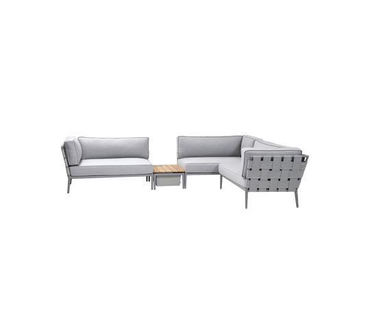 Light grey outdoor seating set with a modern design, featuring a comfortable sofa arrangement and a matching wooden coffee table.