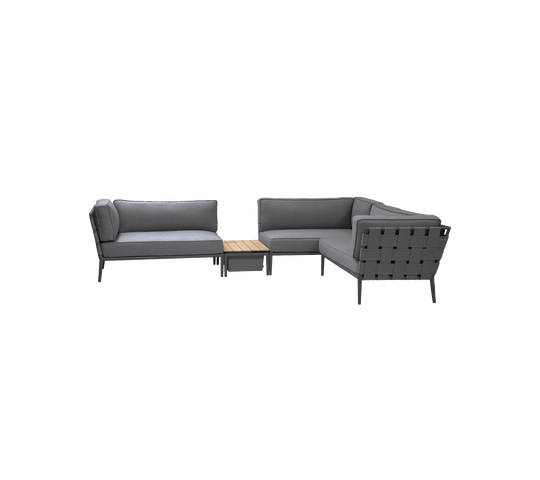 Modern gray seating arrangement with plush cushions and a wooden accent table, ideal for stylish relaxation and social gatherings.