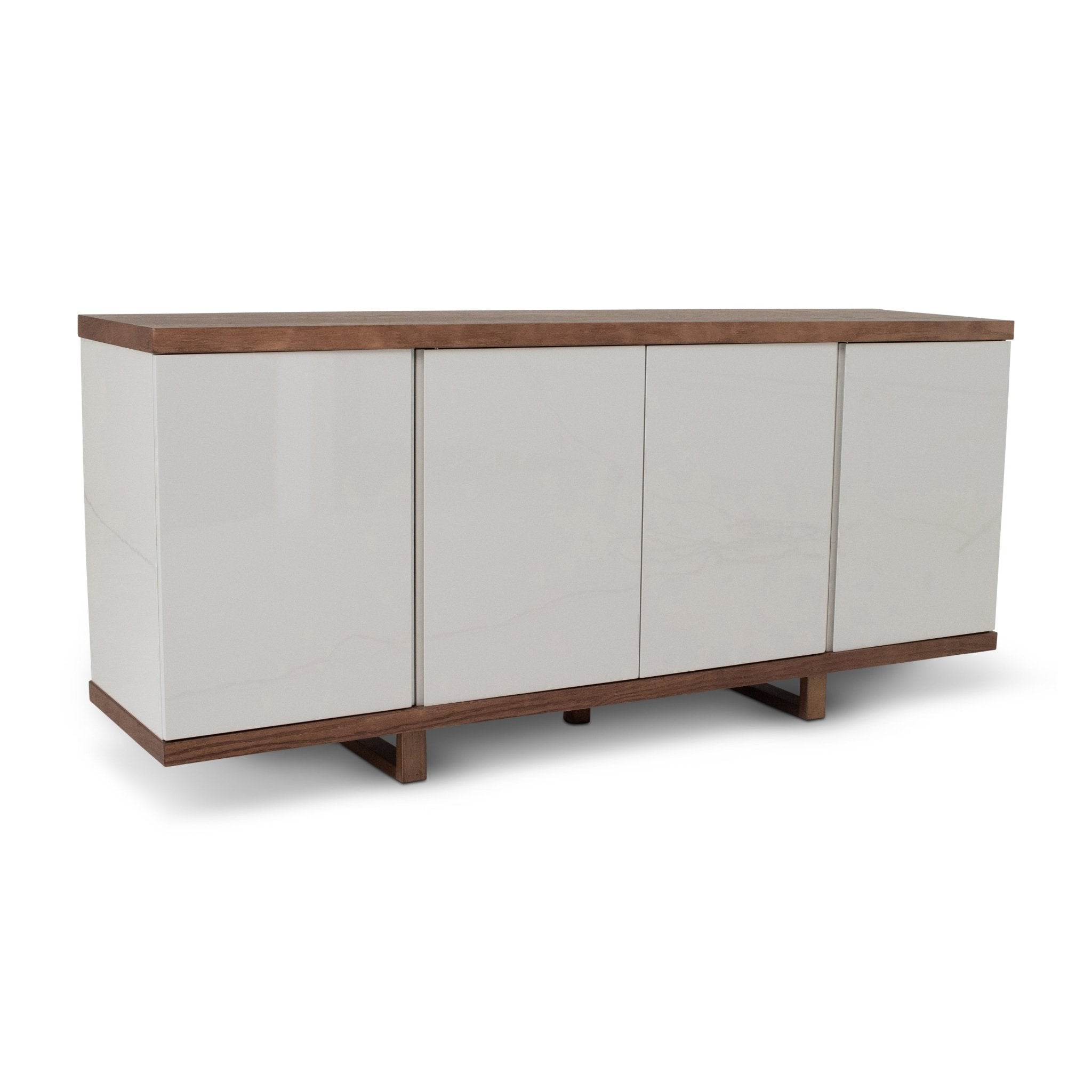 Another view of the long white cabinet with wood top