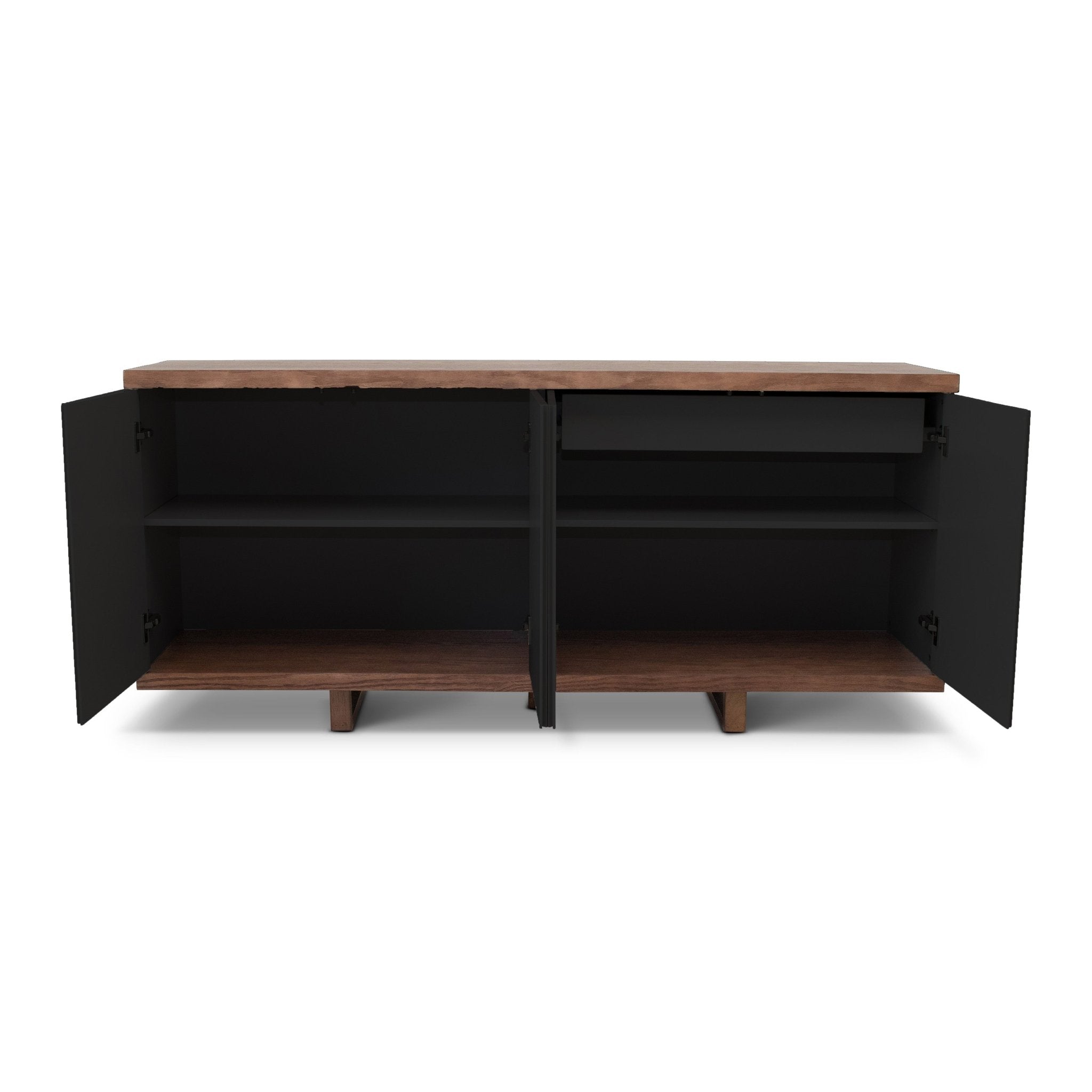 Open cabinet showing white interior and shelves