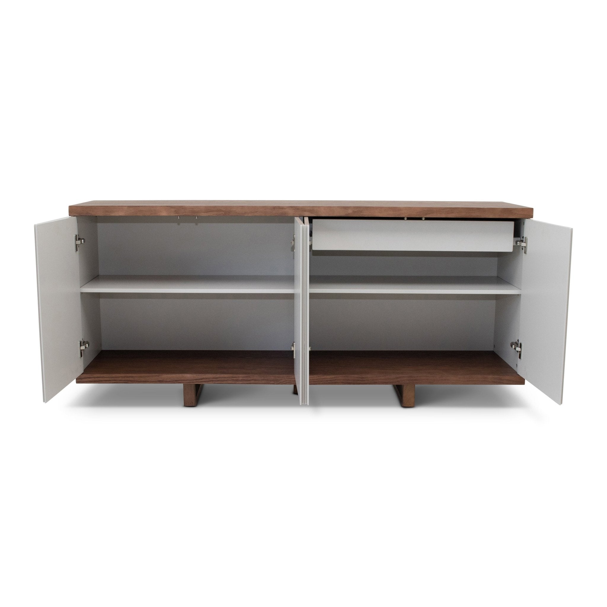 Wide sideboard with glossy white doors and wood base