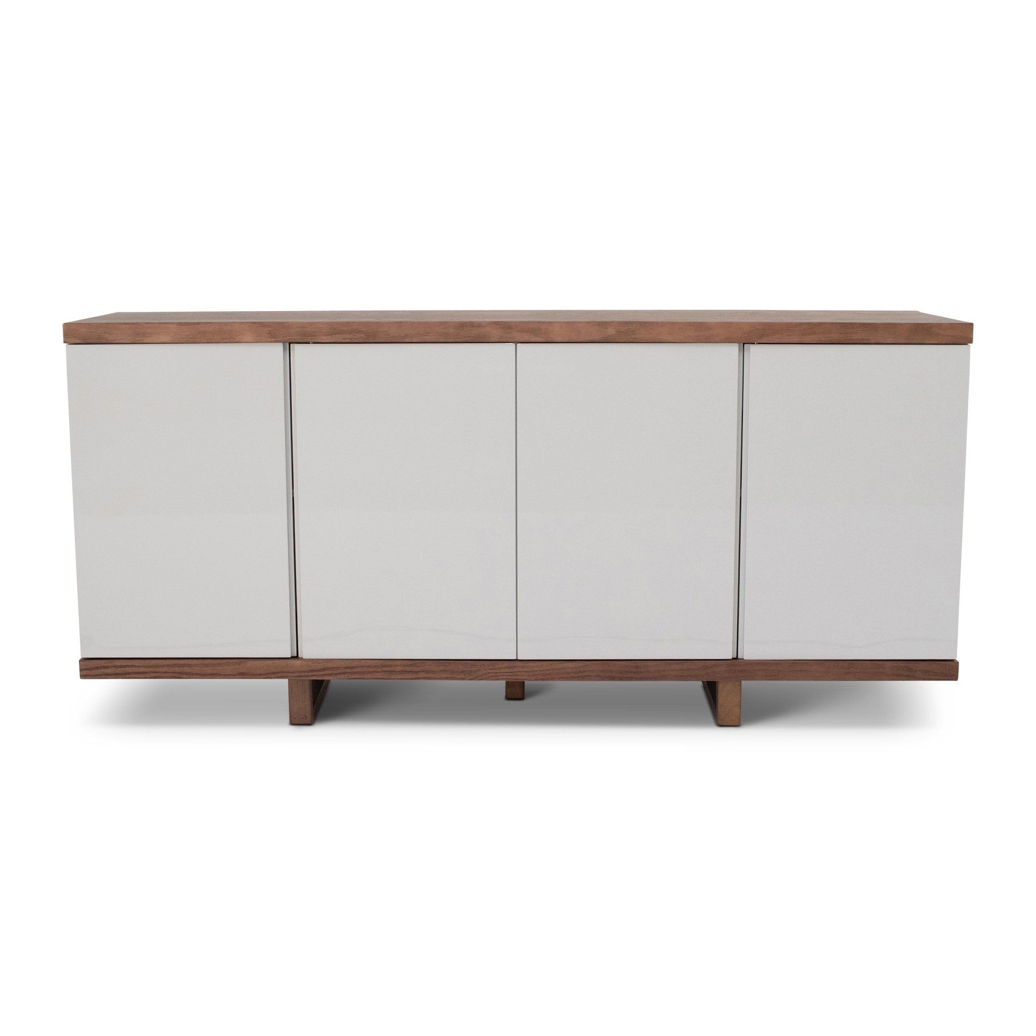 Two-tone sideboard with black doors and wood top, interior visible
