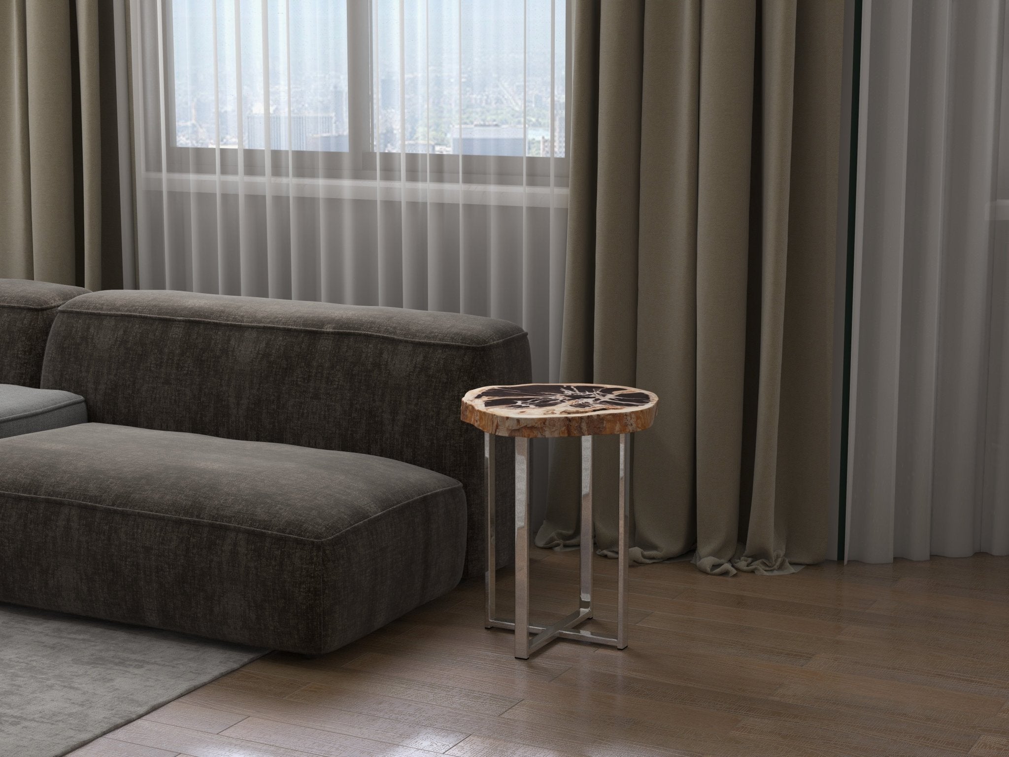 Small round side table with a live-edge stone top and a metal rectangular frame base.