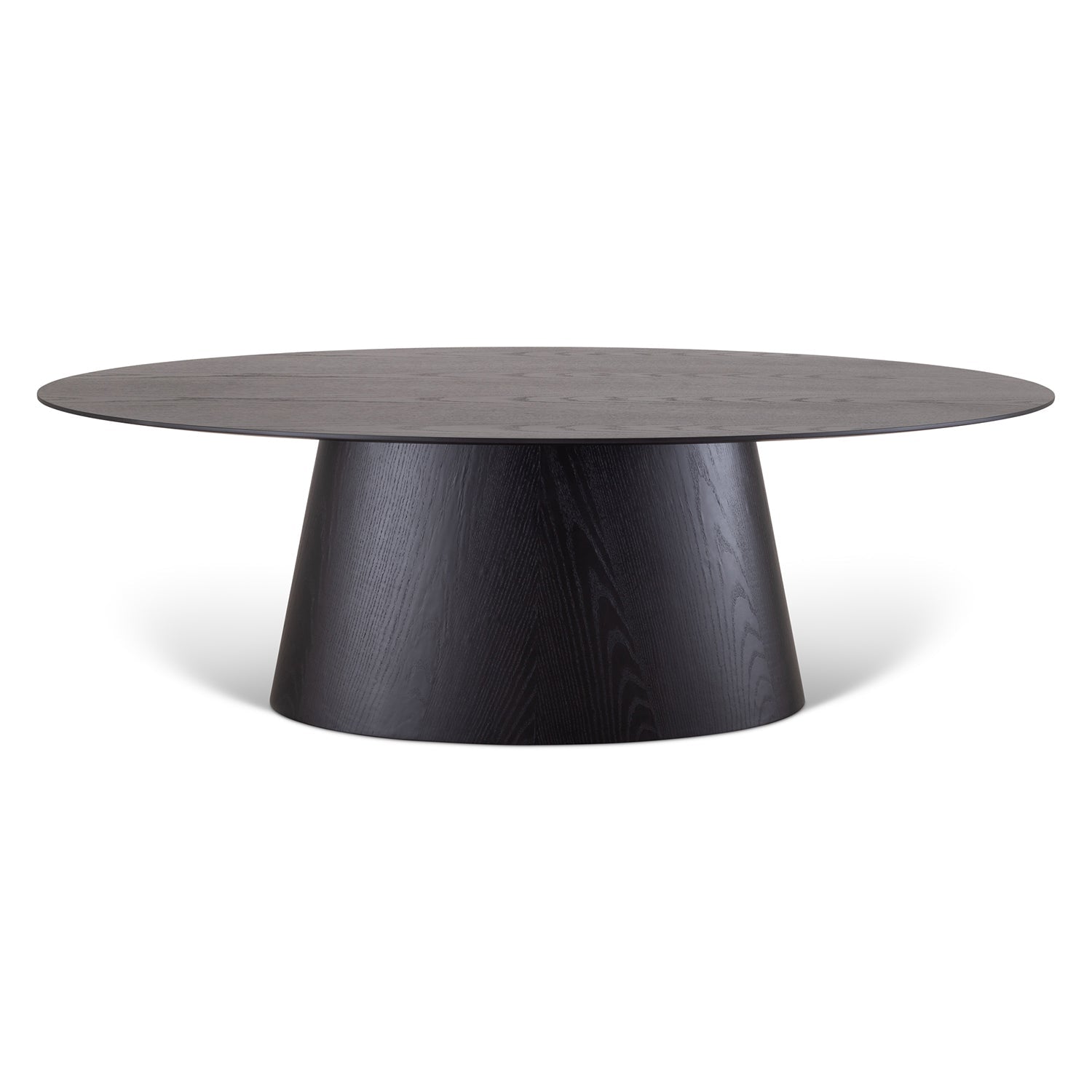 Round wooden table with light natural finish and tapered base