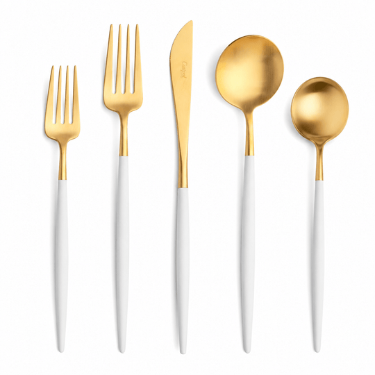 Goa Cutlery - Brushed Gold With White Handle - Sets - Cutipol Flatware + Serving Pieces - 24 Piece Setting - HORNE