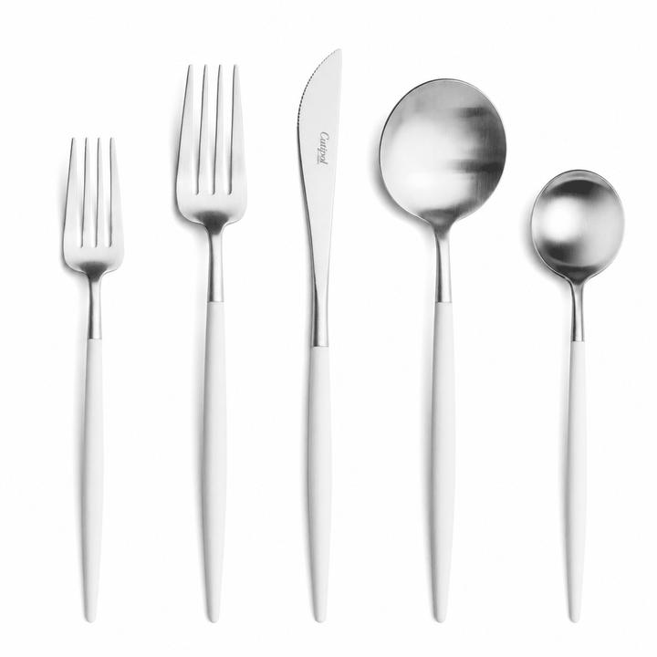 Goa Cutlery - Brushed Stainless Steel and White Handle - 5pc Set - Cutipol Flatware + Serving Pieces - HORNE
