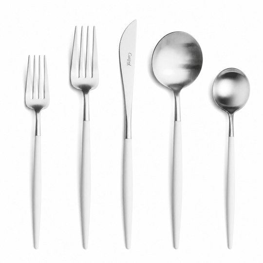 Goa Cutlery - Brushed Stainless Steel with White Handle - Sets - Cutipol Flatware + Serving Pieces - 24 Piece Setting - HORNE
