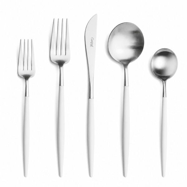 Goa Cutlery - Brushed Stainless Steel with White Handle - Sets - Cutipol Flatware + Serving Pieces - 24 Piece Setting - HORNE