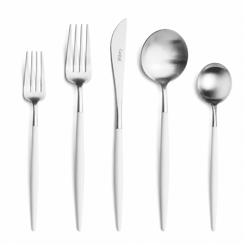 Goa Cutlery - Brushed Stainless Steel with White Handle - Sets - Cutipol Flatware + Serving Pieces - 24 Piece Setting - HORNE