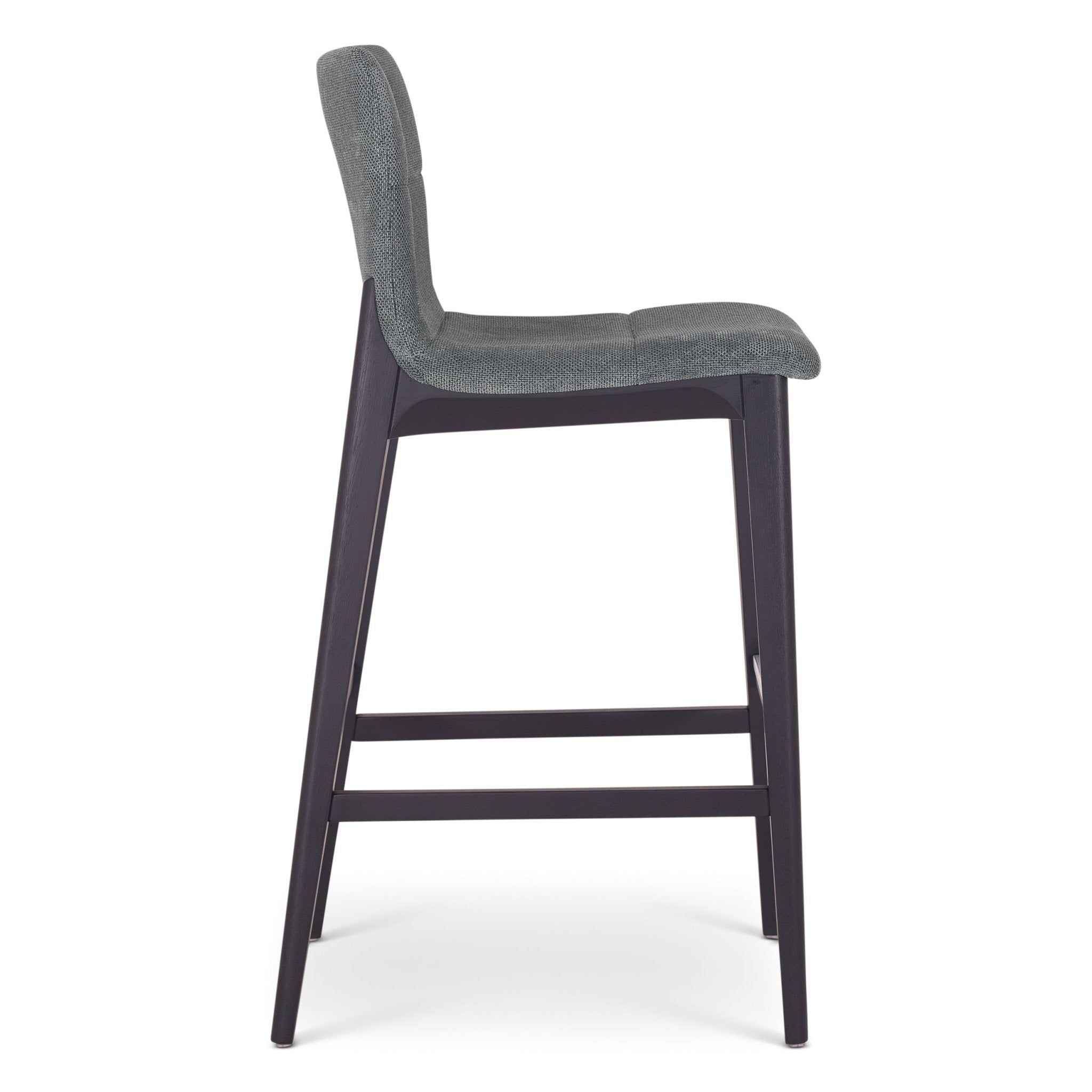 Front view of a dark gray upholstered bar stool.