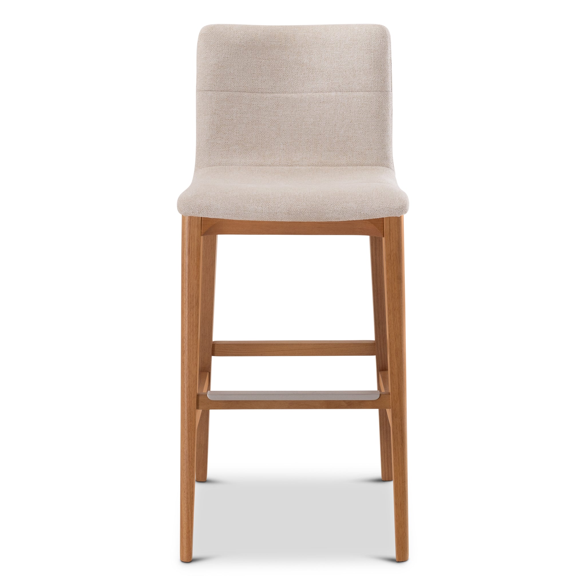 Front view of a blue-gray upholstered bar stool.