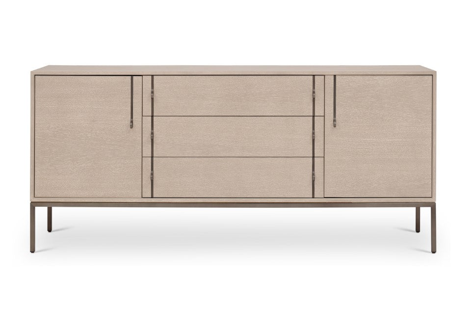 A tan sideboard with doors and drawers