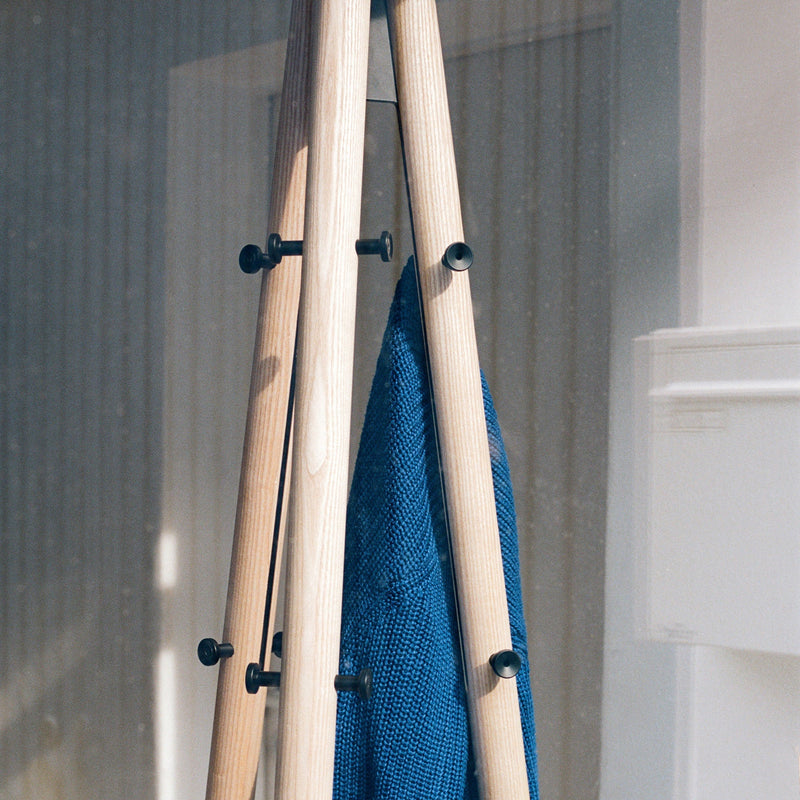 Kiila Coat Stand by Alvar Aalto - Artek Coat + Key Racks - Natural Lacquered & Hooks Stone White - HORNE