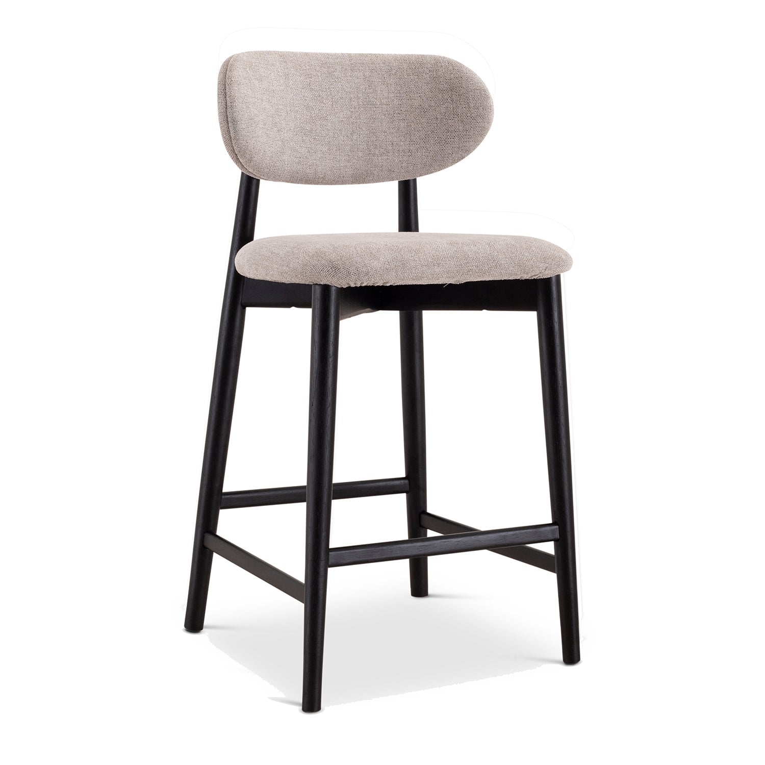 Front view of the bar stool highlighting the curved backrest and square seat with light fabric upholstery.