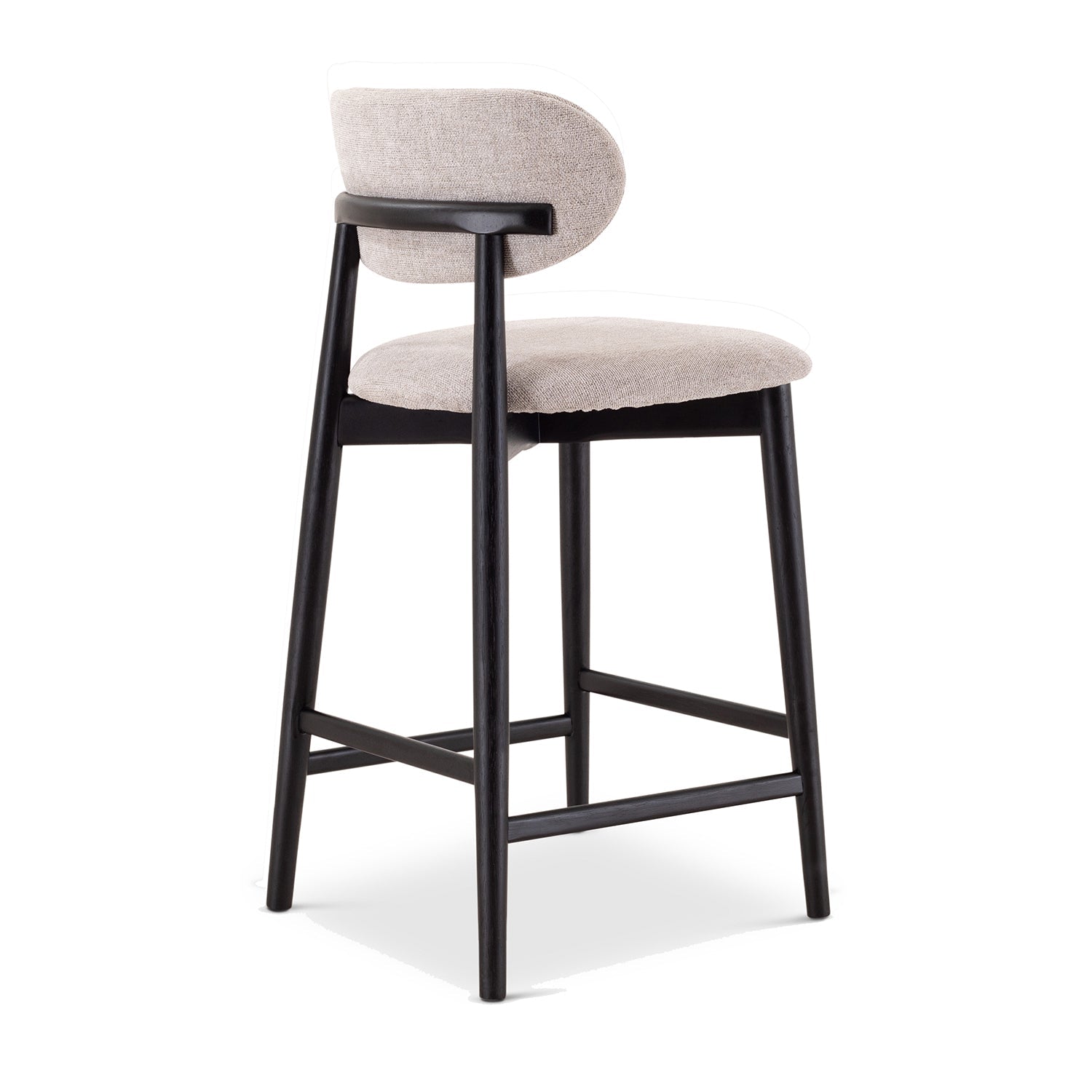 Close-up of the stool with dark wood legs and light fabric seat.