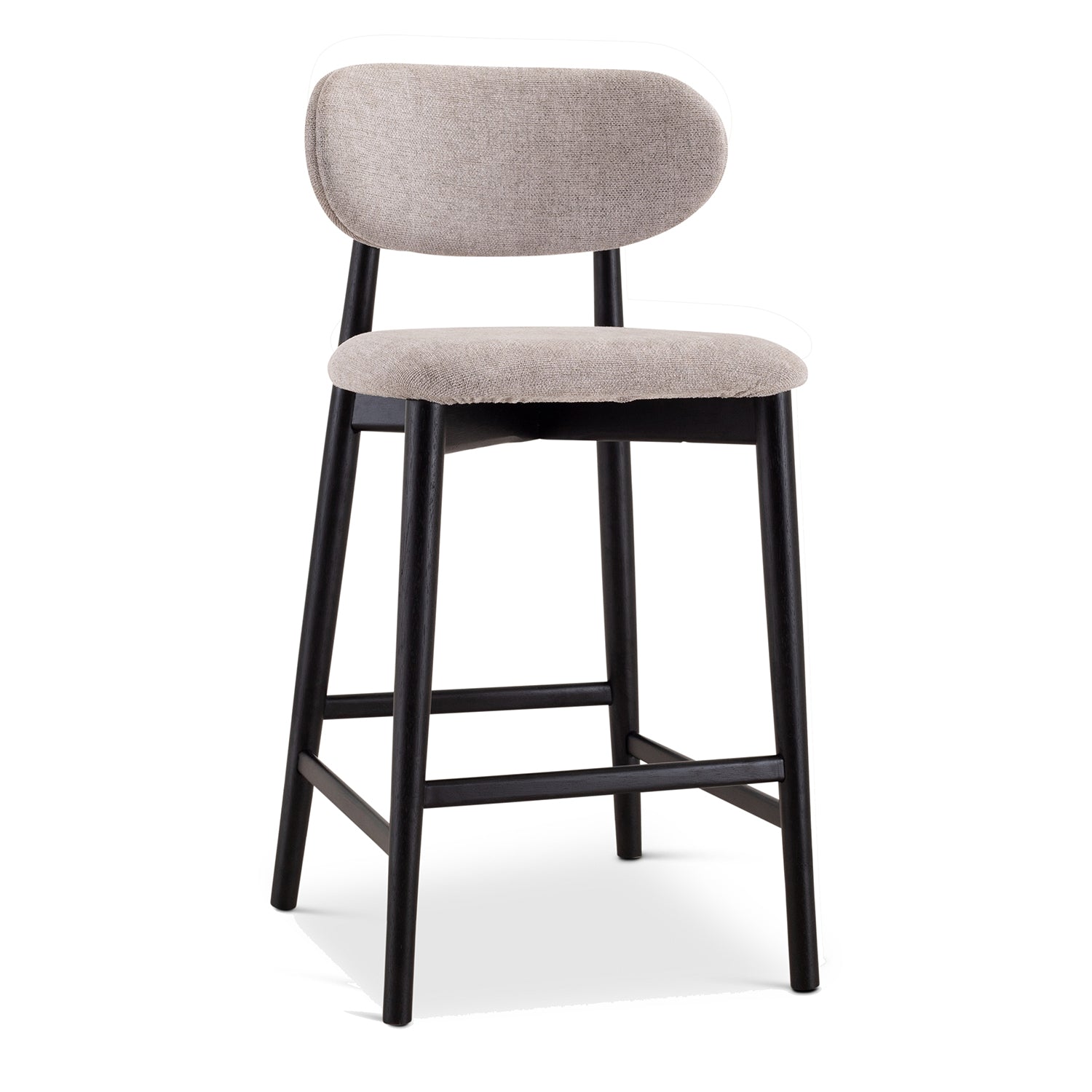 Back view of the stool revealing the wooden back support and upholstery continuing from seat to back.