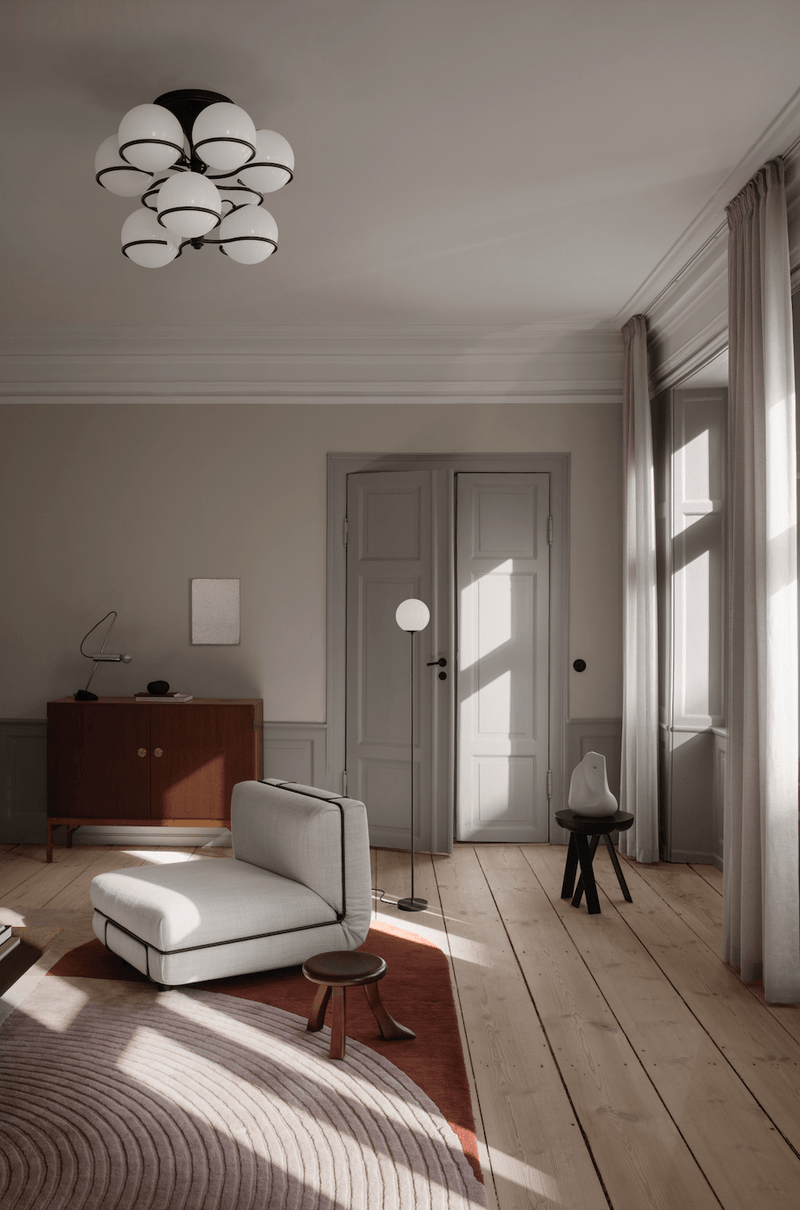 Model 2042 - 9 Opaline Spheres - Astep Ceiling Lights - Black Mount - HORNE