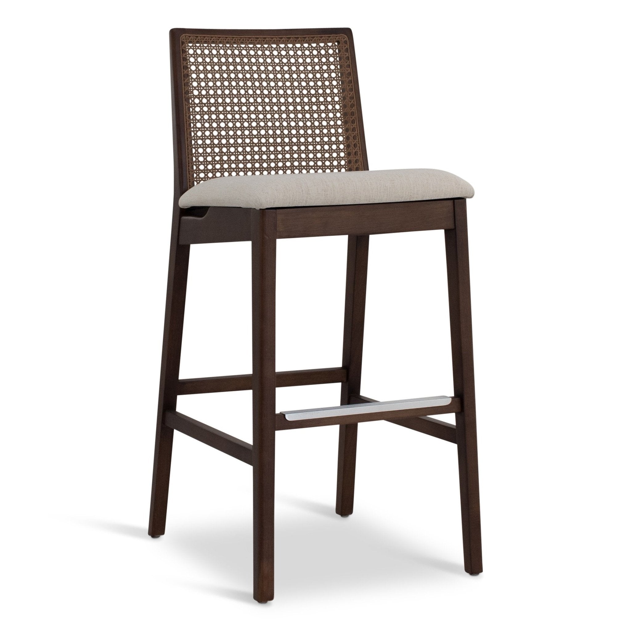 Dark brown bar stool with caned back and cushioned seat, side profile.