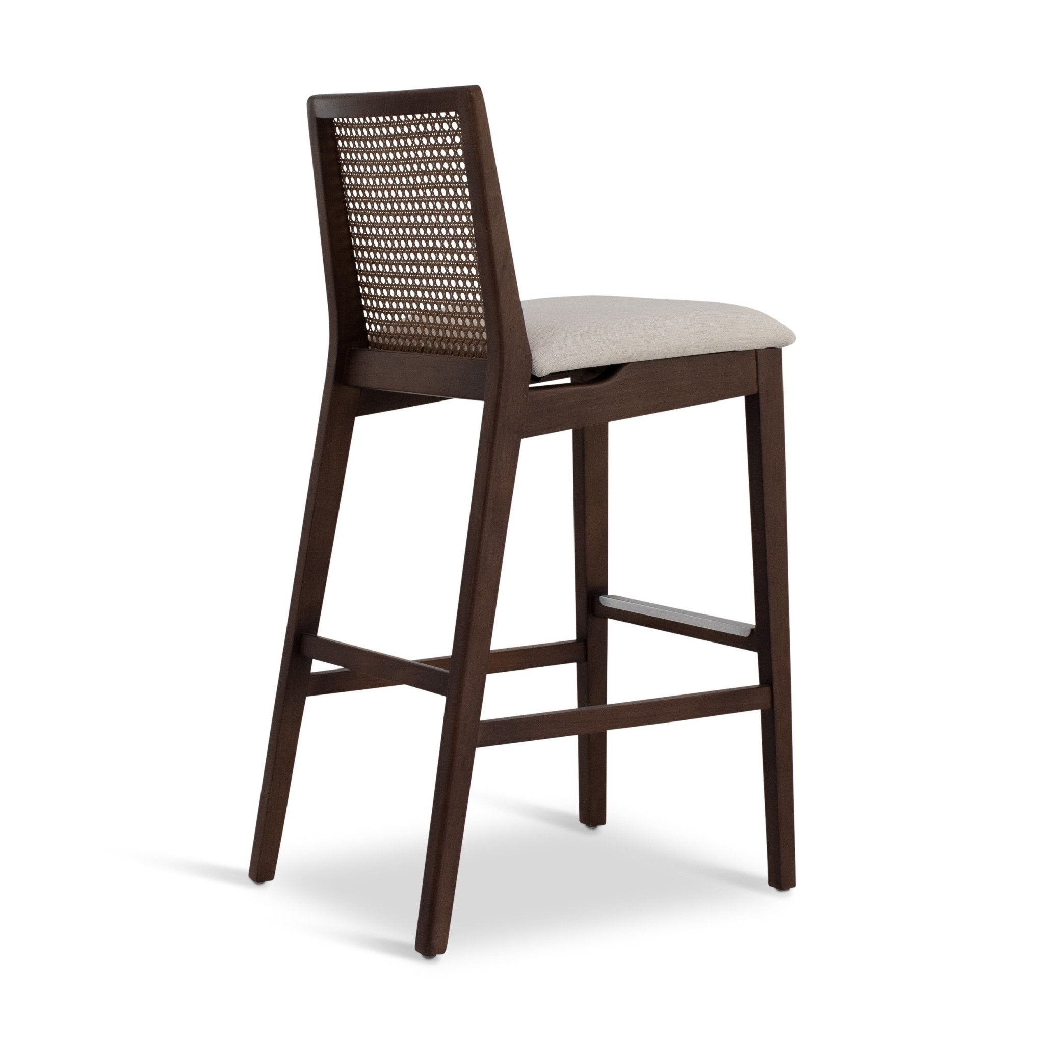 Light wood bar stool with woven cane back and beige cushion
