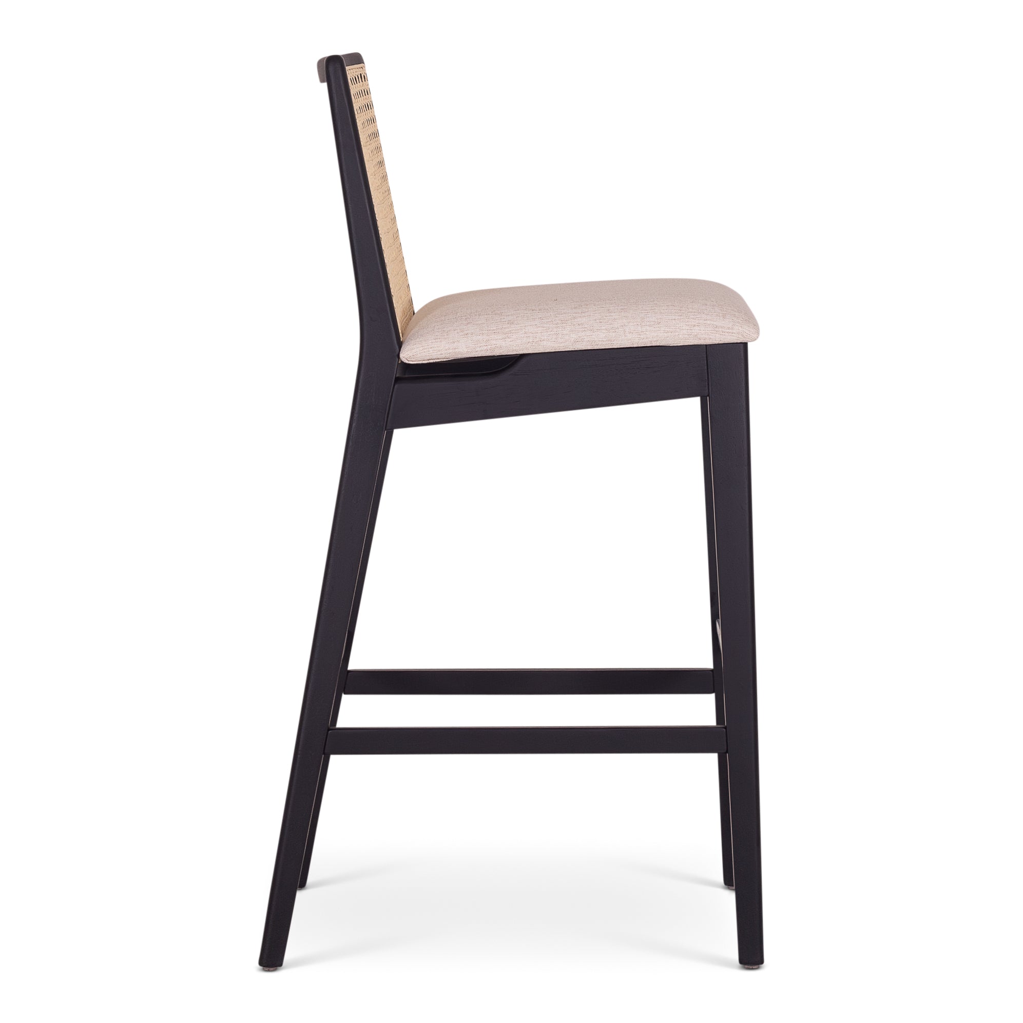 Dark upholstered cane-back bar stool, front view