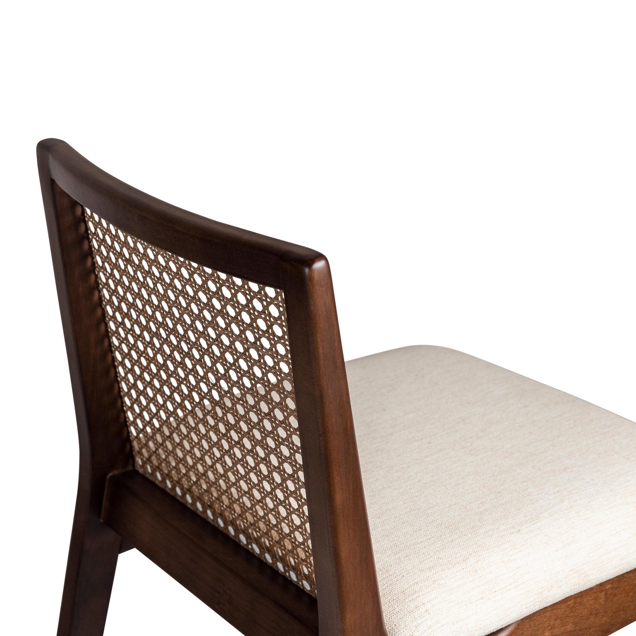 Dark wood bar stool with beige seat on white background