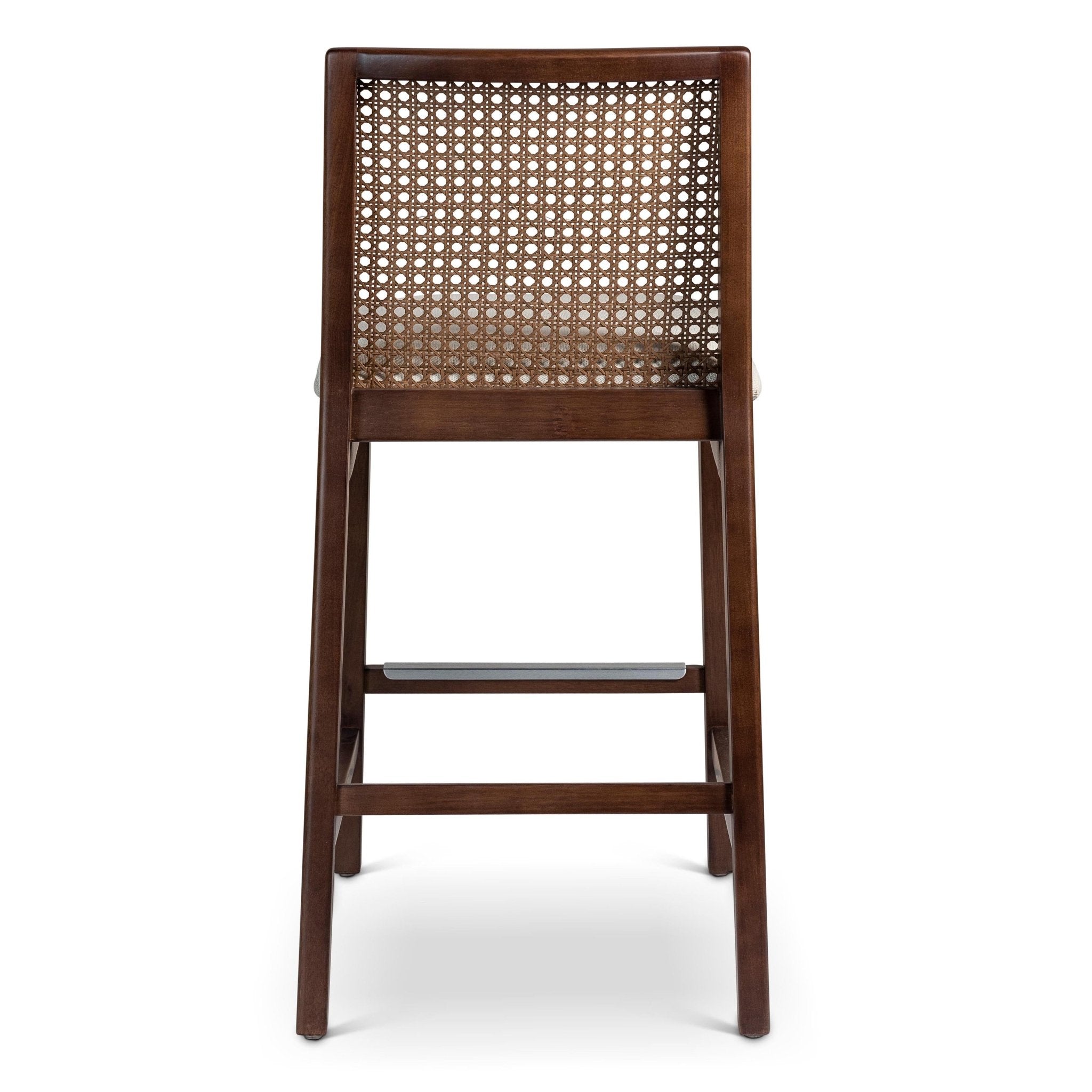 Nardia counter stool with dark frame and caned back on white background