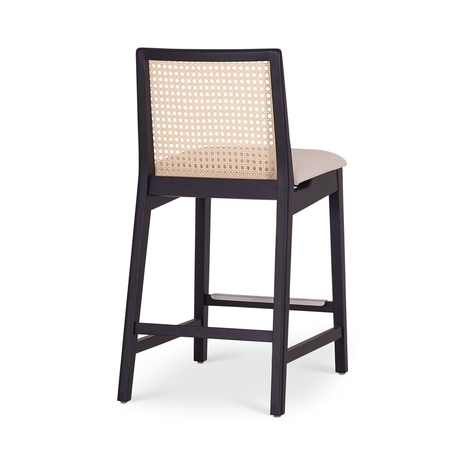 Rear view of caned back bar stool with beige seat