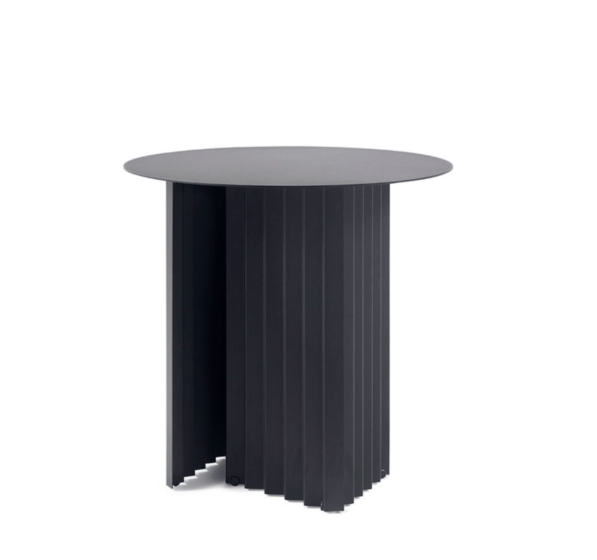 Round marble-top side table with a geometric black base made of vertical slats.