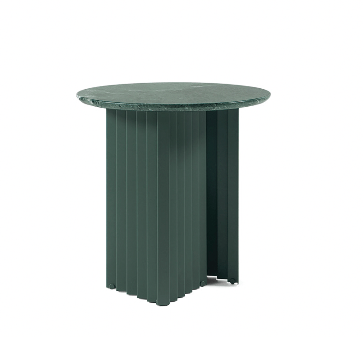 Round marble-top side table with white base slats and marble top.