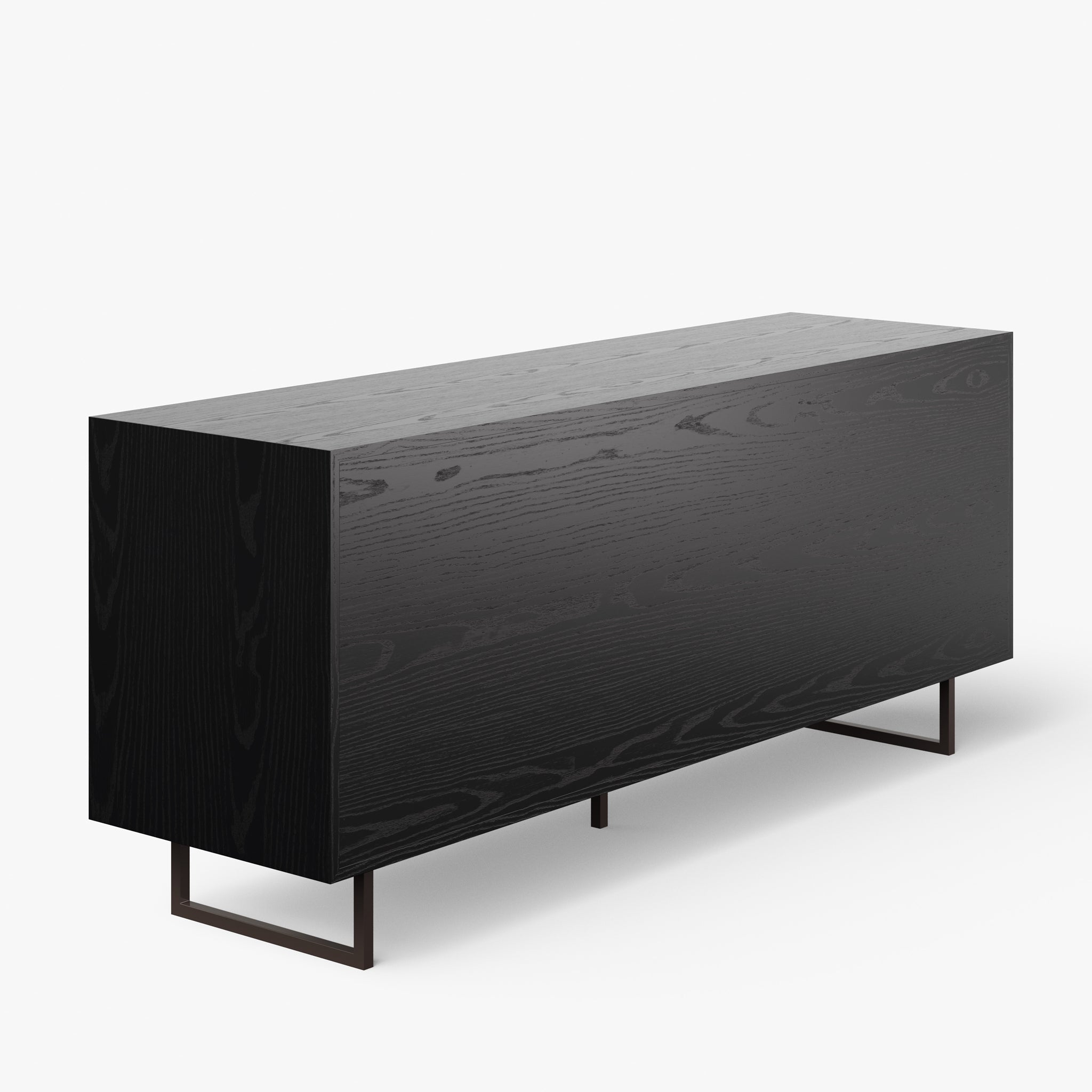 Close-up of the bottom of a dark wood cabinet showing metal legs and base.