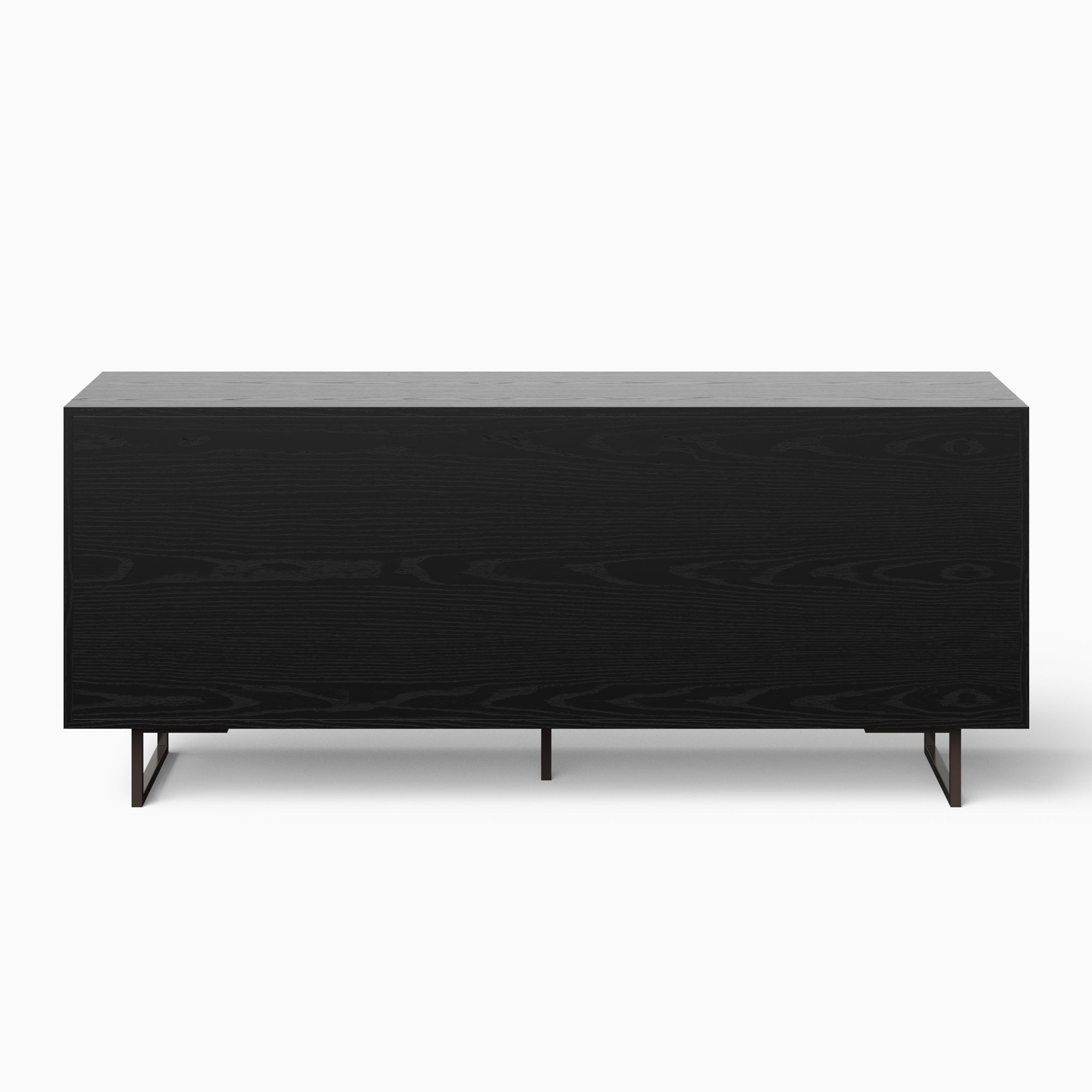 Two-tone wood sideboard with white top and dark body, viewed from a three-quarter angle.